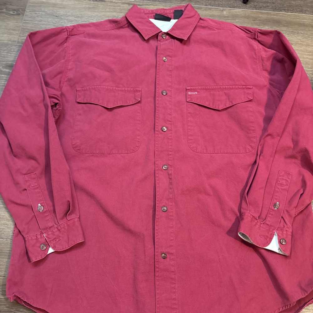 Vintage Patagonia 80s Outdoors Hiking Khaki Red Button Shirt Size Large Cotton